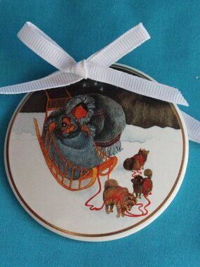 Alaskan Artist Barbara Lavalle Mama Do You Love Me Ornament Dog Sled Porcelain